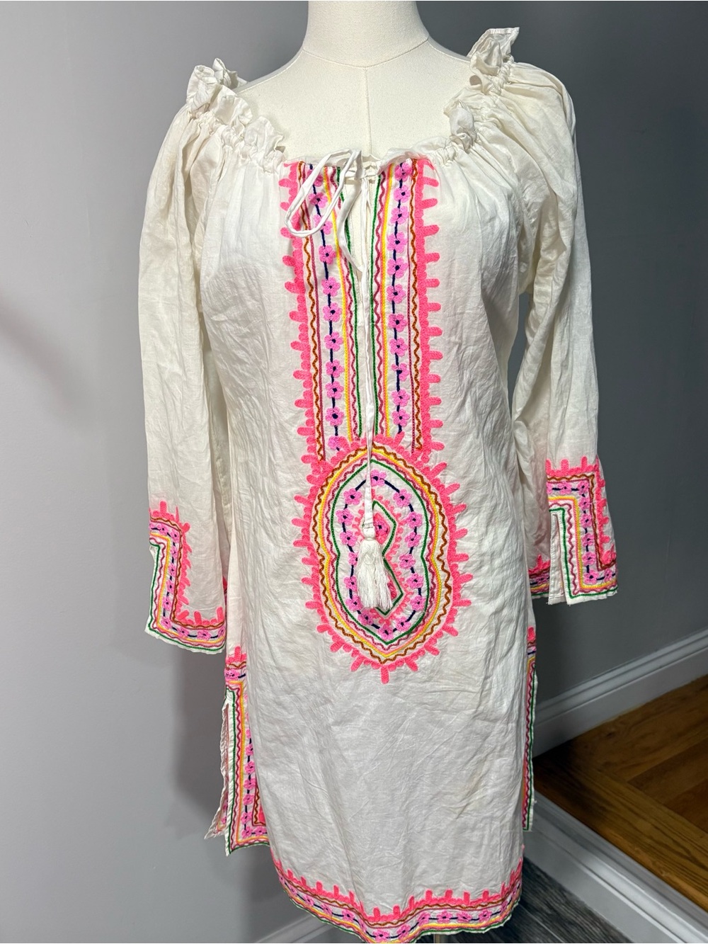 Debbie Katz South Beach Dress Swimsuit Cover Up White Pink Embroidered Sz M